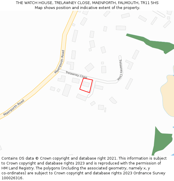 THE WATCH HOUSE, TRELAWNEY CLOSE, MAENPORTH, FALMOUTH, TR11 5HS: Location map and indicative extent of plot