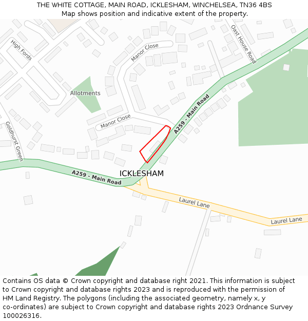 THE WHITE COTTAGE, MAIN ROAD, ICKLESHAM, WINCHELSEA, TN36 4BS: Location map and indicative extent of plot