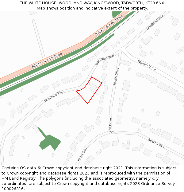 THE WHITE HOUSE, WOODLAND WAY, KINGSWOOD, TADWORTH, KT20 6NX: Location map and indicative extent of plot