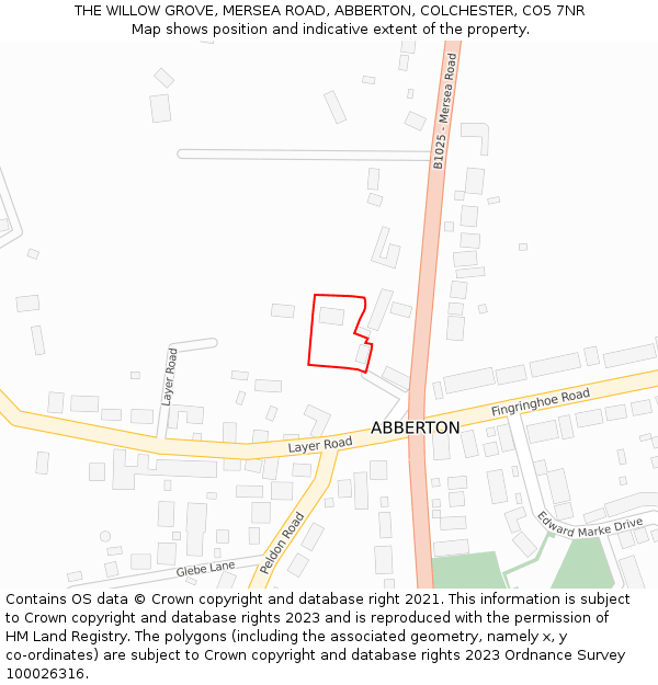 THE WILLOW GROVE, MERSEA ROAD, ABBERTON, COLCHESTER, CO5 7NR: Location map and indicative extent of plot