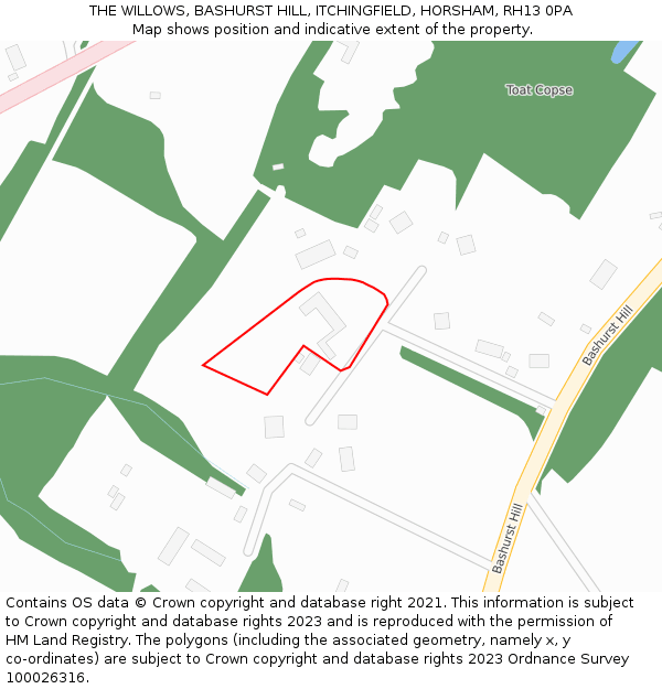 THE WILLOWS, BASHURST HILL, ITCHINGFIELD, HORSHAM, RH13 0PA: Location map and indicative extent of plot