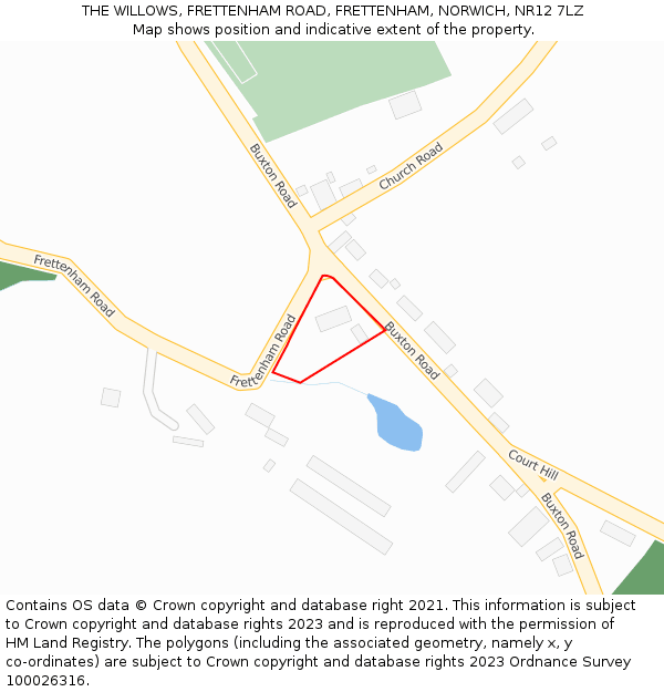 THE WILLOWS, FRETTENHAM ROAD, FRETTENHAM, NORWICH, NR12 7LZ: Location map and indicative extent of plot