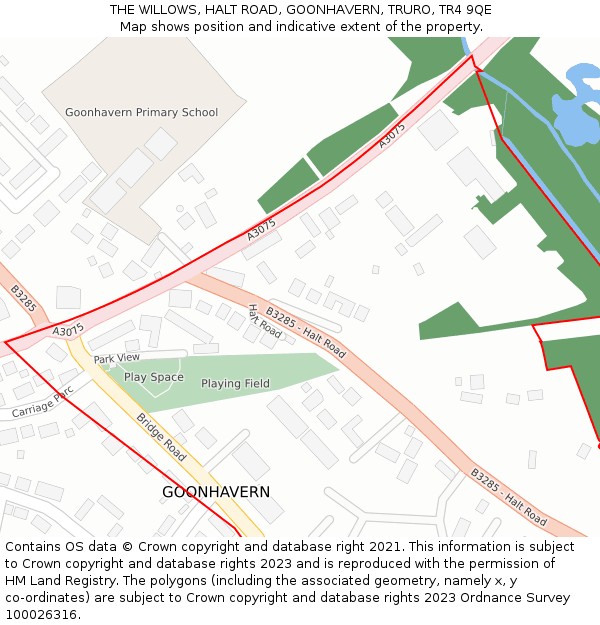 THE WILLOWS, HALT ROAD, GOONHAVERN, TRURO, TR4 9QE: Location map and indicative extent of plot