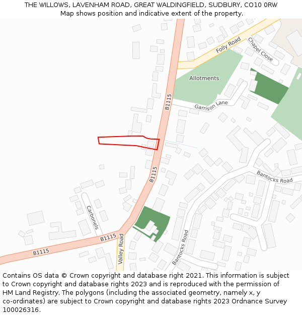 THE WILLOWS, LAVENHAM ROAD, GREAT WALDINGFIELD, SUDBURY, CO10 0RW: Location map and indicative extent of plot