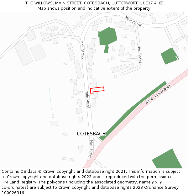 THE WILLOWS, MAIN STREET, COTESBACH, LUTTERWORTH, LE17 4HZ: Location map and indicative extent of plot