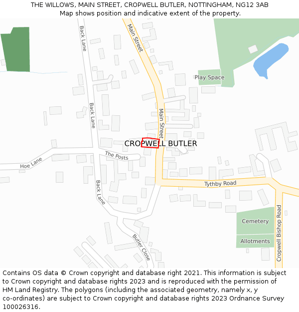 THE WILLOWS, MAIN STREET, CROPWELL BUTLER, NOTTINGHAM, NG12 3AB: Location map and indicative extent of plot