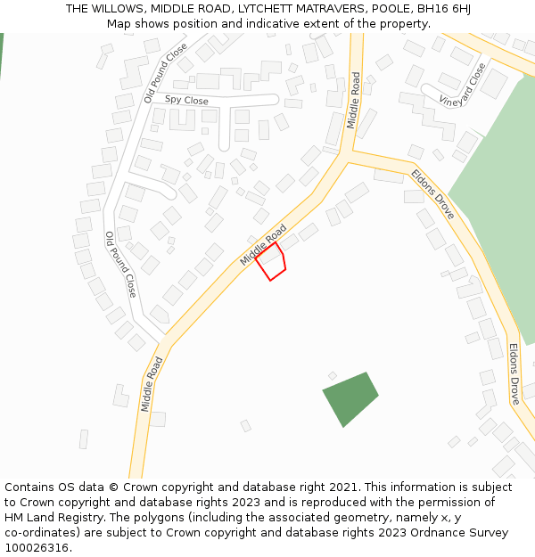 THE WILLOWS, MIDDLE ROAD, LYTCHETT MATRAVERS, POOLE, BH16 6HJ: Location map and indicative extent of plot
