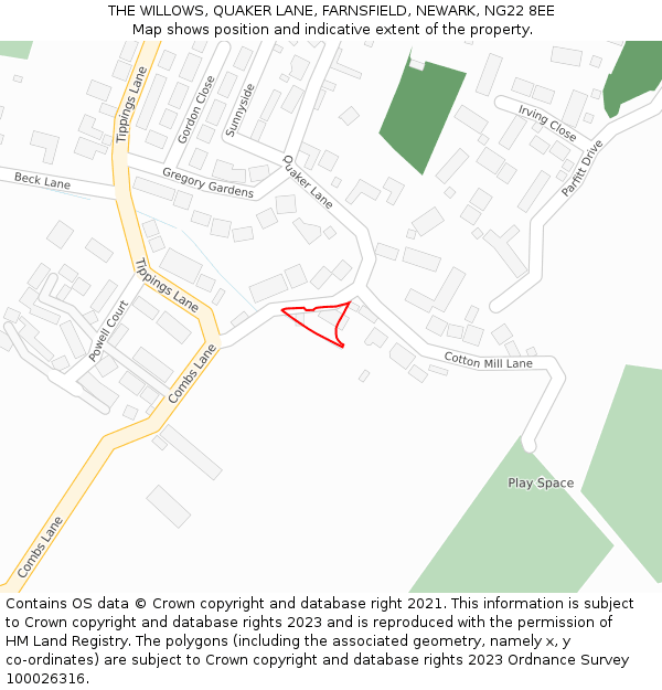 THE WILLOWS, QUAKER LANE, FARNSFIELD, NEWARK, NG22 8EE: Location map and indicative extent of plot