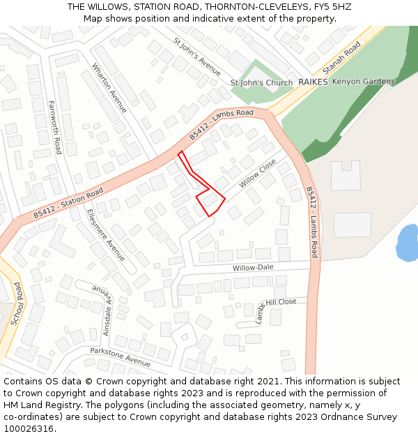 THE WILLOWS, STATION ROAD, THORNTON-CLEVELEYS, FY5 5HZ: Location map and indicative extent of plot