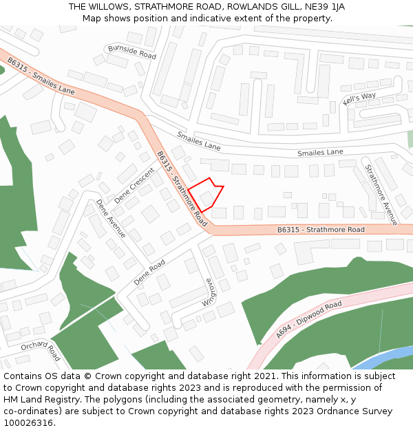 THE WILLOWS, STRATHMORE ROAD, ROWLANDS GILL, NE39 1JA: Location map and indicative extent of plot