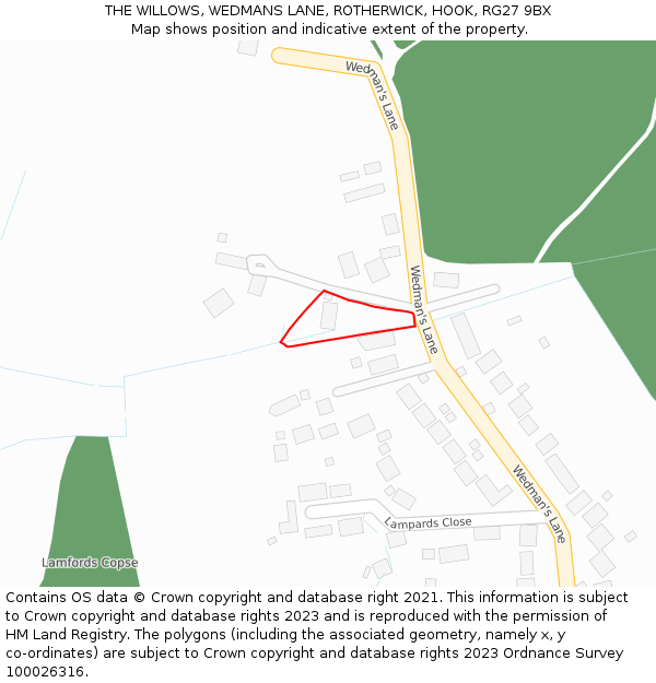 THE WILLOWS, WEDMANS LANE, ROTHERWICK, HOOK, RG27 9BX: Location map and indicative extent of plot