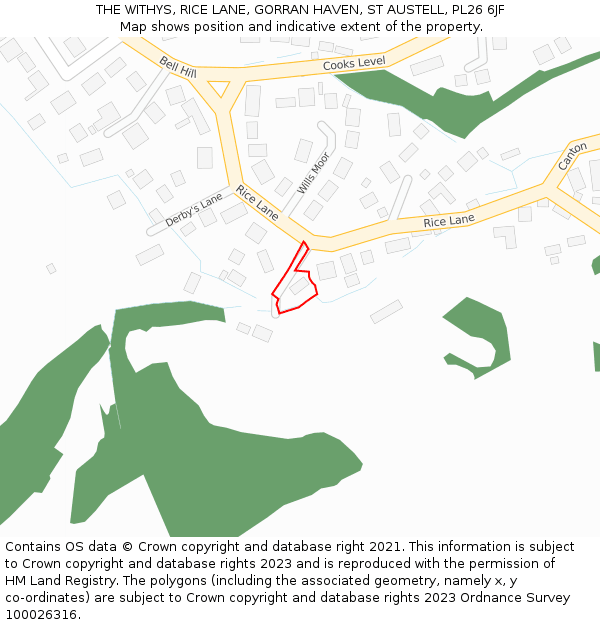 THE WITHYS, RICE LANE, GORRAN HAVEN, ST AUSTELL, PL26 6JF: Location map and indicative extent of plot