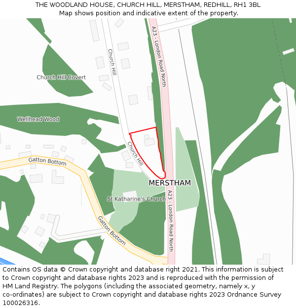 THE WOODLAND HOUSE, CHURCH HILL, MERSTHAM, REDHILL, RH1 3BL: Location map and indicative extent of plot
