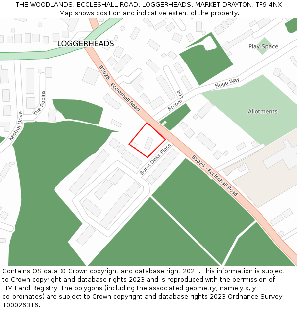 THE WOODLANDS, ECCLESHALL ROAD, LOGGERHEADS, MARKET DRAYTON, TF9 4NX: Location map and indicative extent of plot