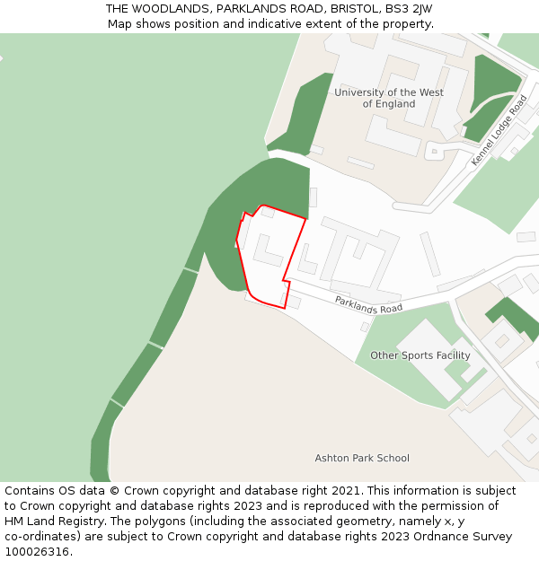 THE WOODLANDS, PARKLANDS ROAD, BRISTOL, BS3 2JW: Location map and indicative extent of plot