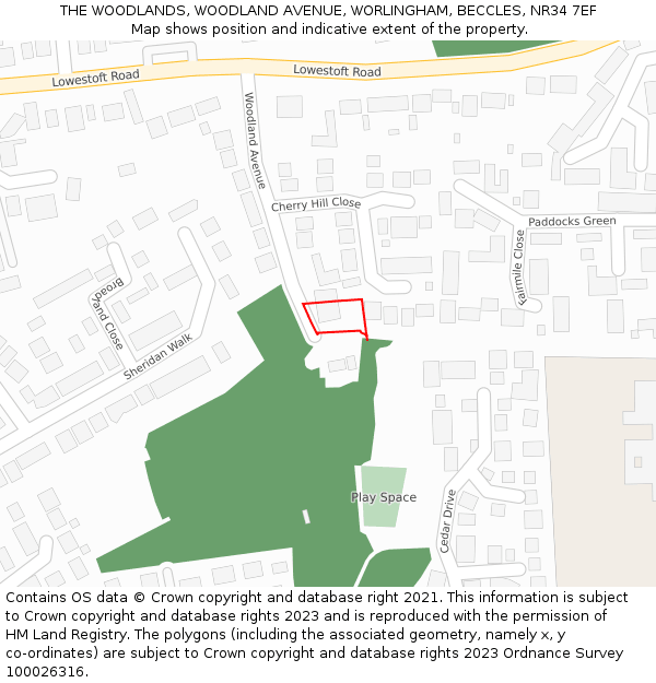 THE WOODLANDS, WOODLAND AVENUE, WORLINGHAM, BECCLES, NR34 7EF: Location map and indicative extent of plot