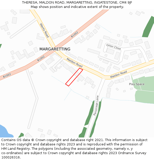 THERESA, MALDON ROAD, MARGARETTING, INGATESTONE, CM4 9JF: Location map and indicative extent of plot