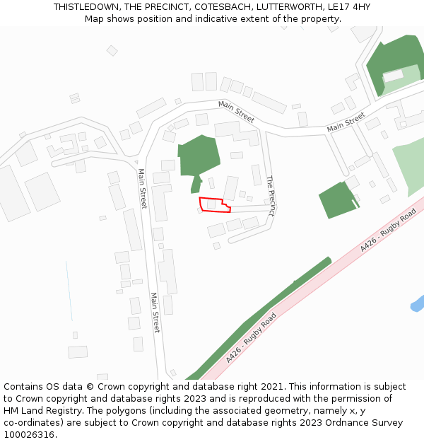 THISTLEDOWN, THE PRECINCT, COTESBACH, LUTTERWORTH, LE17 4HY: Location map and indicative extent of plot