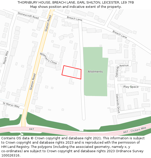 THORNBURY HOUSE, BREACH LANE, EARL SHILTON, LEICESTER, LE9 7FB: Location map and indicative extent of plot