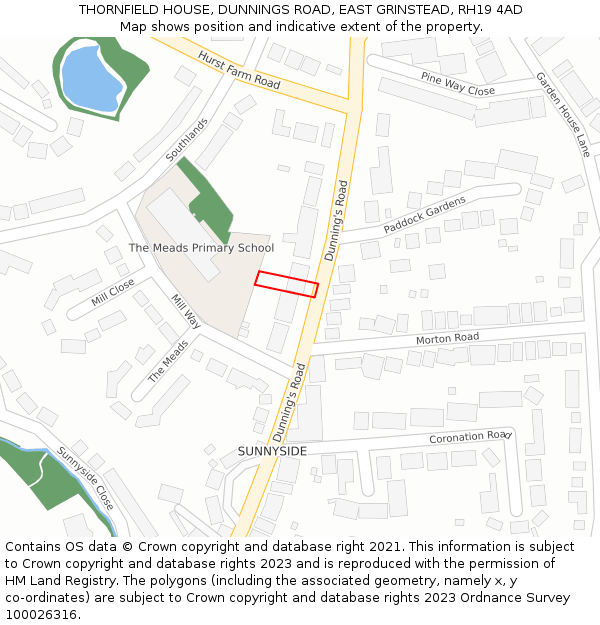 THORNFIELD HOUSE, DUNNINGS ROAD, EAST GRINSTEAD, RH19 4AD: Location map and indicative extent of plot