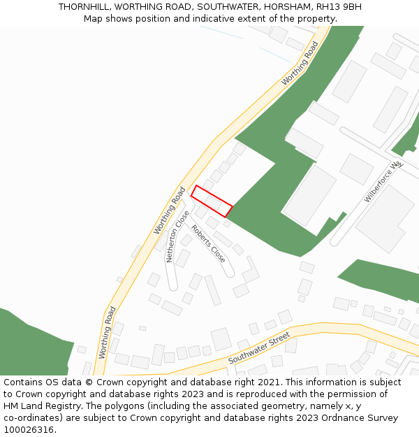 THORNHILL, WORTHING ROAD, SOUTHWATER, HORSHAM, RH13 9BH: Location map and indicative extent of plot