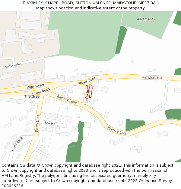 THORNLEY, CHAPEL ROAD, SUTTON VALENCE, MAIDSTONE, ME17 3AH: Location map and indicative extent of plot