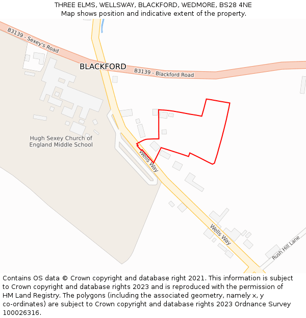 THREE ELMS, WELLSWAY, BLACKFORD, WEDMORE, BS28 4NE: Location map and indicative extent of plot