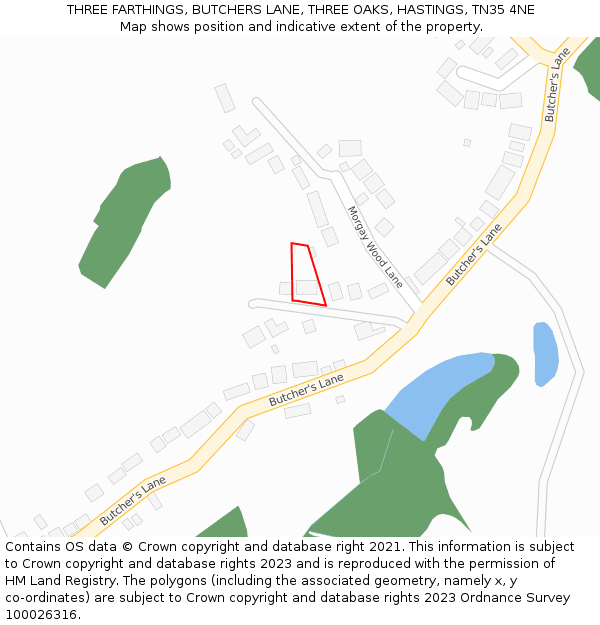 THREE FARTHINGS, BUTCHERS LANE, THREE OAKS, HASTINGS, TN35 4NE: Location map and indicative extent of plot