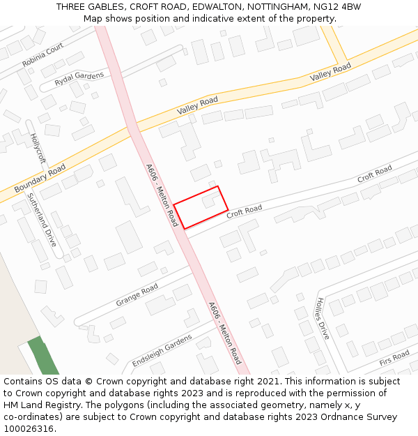 THREE GABLES, CROFT ROAD, EDWALTON, NOTTINGHAM, NG12 4BW: Location map and indicative extent of plot