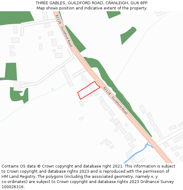 THREE GABLES, GUILDFORD ROAD, CRANLEIGH, GU6 8PP: Location map and indicative extent of plot