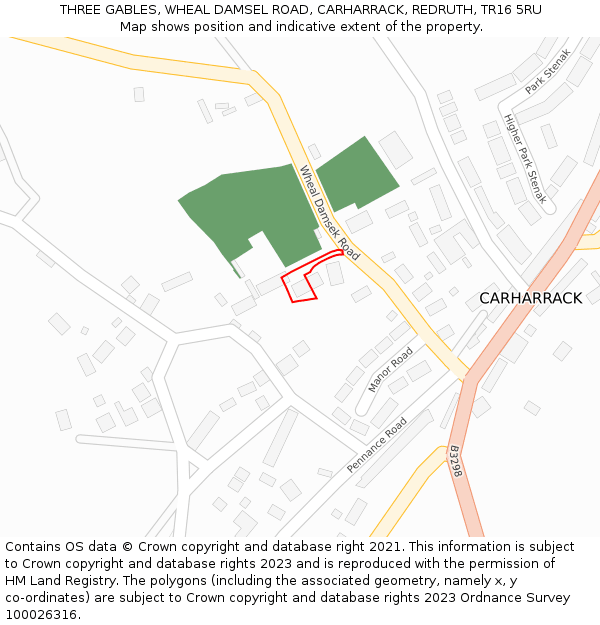 THREE GABLES, WHEAL DAMSEL ROAD, CARHARRACK, REDRUTH, TR16 5RU: Location map and indicative extent of plot