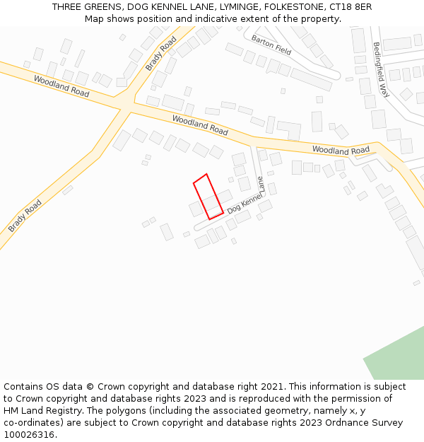THREE GREENS, DOG KENNEL LANE, LYMINGE, FOLKESTONE, CT18 8ER: Location map and indicative extent of plot