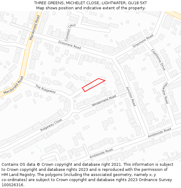 THREE GREENS, MICHELET CLOSE, LIGHTWATER, GU18 5XT: Location map and indicative extent of plot