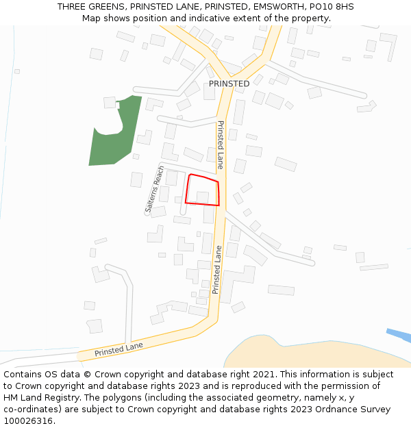 THREE GREENS, PRINSTED LANE, PRINSTED, EMSWORTH, PO10 8HS: Location map and indicative extent of plot