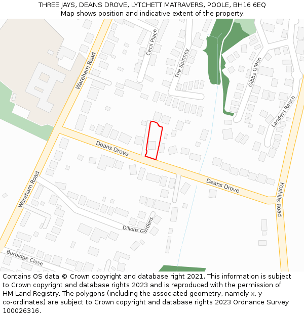 THREE JAYS, DEANS DROVE, LYTCHETT MATRAVERS, POOLE, BH16 6EQ: Location map and indicative extent of plot