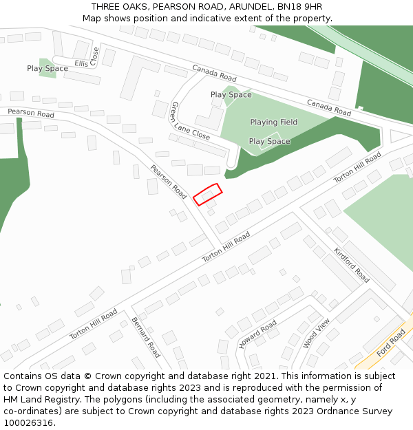 THREE OAKS, PEARSON ROAD, ARUNDEL, BN18 9HR: Location map and indicative extent of plot