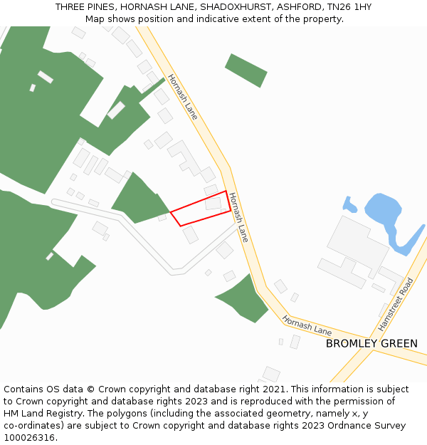 THREE PINES, HORNASH LANE, SHADOXHURST, ASHFORD, TN26 1HY: Location map and indicative extent of plot