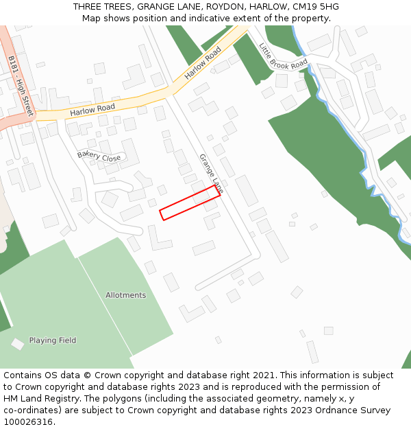 THREE TREES, GRANGE LANE, ROYDON, HARLOW, CM19 5HG: Location map and indicative extent of plot