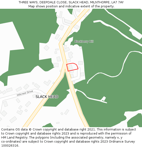 THREE WAYS, DEEPDALE CLOSE, SLACK HEAD, MILNTHORPE, LA7 7AY: Location map and indicative extent of plot