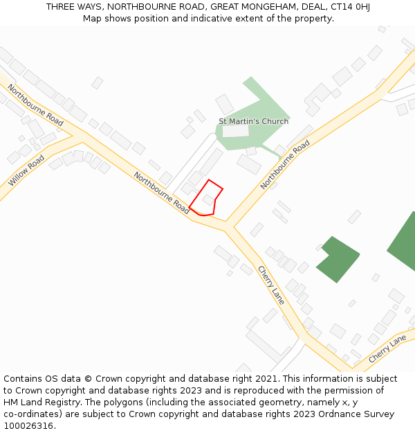 THREE WAYS, NORTHBOURNE ROAD, GREAT MONGEHAM, DEAL, CT14 0HJ: Location map and indicative extent of plot