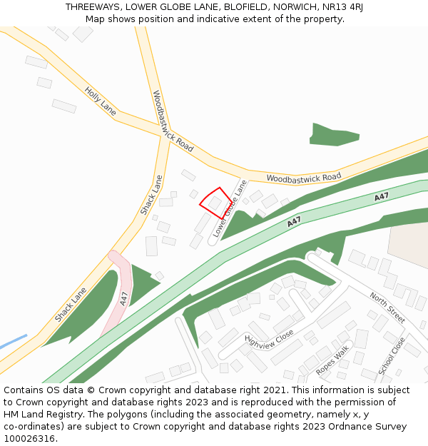 THREEWAYS, LOWER GLOBE LANE, BLOFIELD, NORWICH, NR13 4RJ: Location map and indicative extent of plot