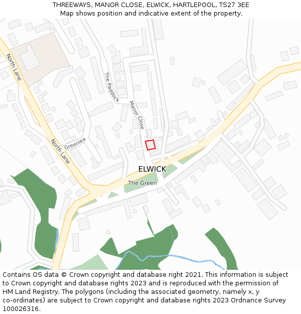 THREEWAYS, MANOR CLOSE, ELWICK, HARTLEPOOL, TS27 3EE: Location map and indicative extent of plot