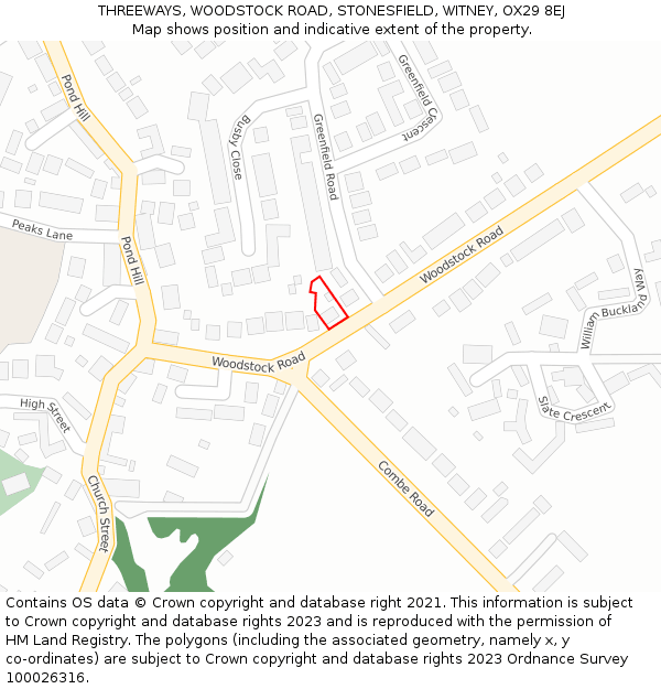 THREEWAYS, WOODSTOCK ROAD, STONESFIELD, WITNEY, OX29 8EJ: Location map and indicative extent of plot