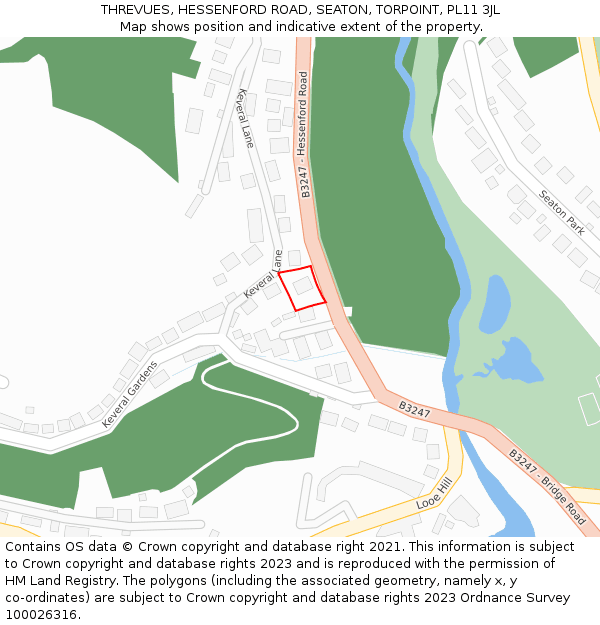 THREVUES, HESSENFORD ROAD, SEATON, TORPOINT, PL11 3JL: Location map and indicative extent of plot