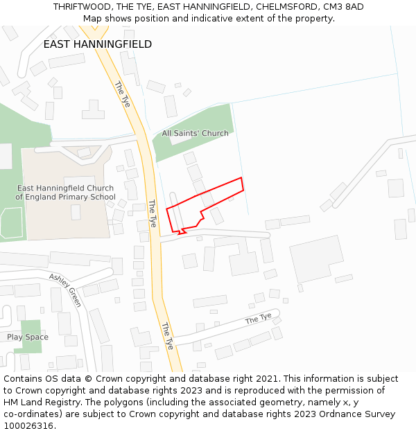 THRIFTWOOD, THE TYE, EAST HANNINGFIELD, CHELMSFORD, CM3 8AD: Location map and indicative extent of plot