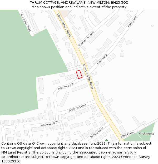 THRUM COTTAGE, ANDREW LANE, NEW MILTON, BH25 5QD: Location map and indicative extent of plot