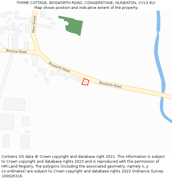 THYME COTTAGE, BOSWORTH ROAD, CONGERSTONE, NUNEATON, CV13 6LY: Location map and indicative extent of plot