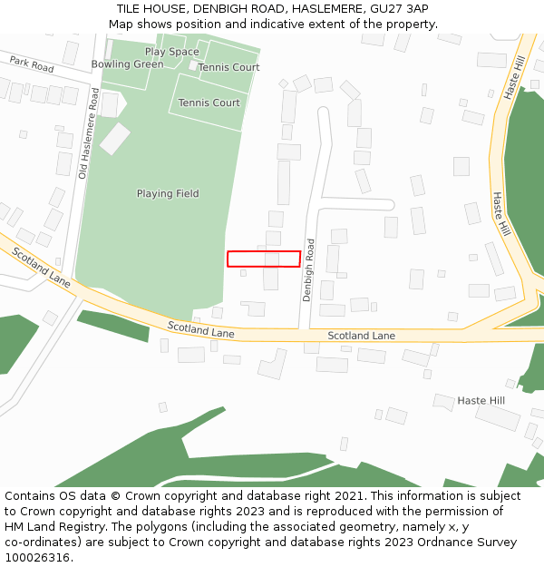 TILE HOUSE, DENBIGH ROAD, HASLEMERE, GU27 3AP: Location map and indicative extent of plot