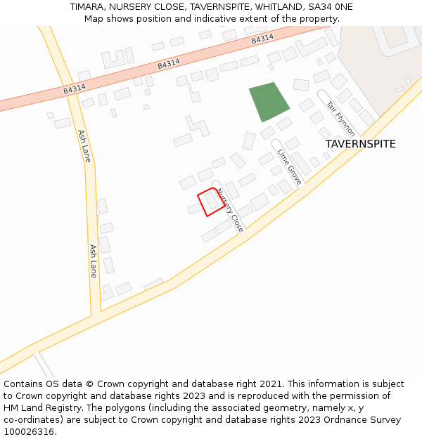 TIMARA, NURSERY CLOSE, TAVERNSPITE, WHITLAND, SA34 0NE: Location map and indicative extent of plot