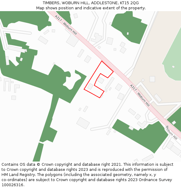 TIMBERS, WOBURN HILL, ADDLESTONE, KT15 2QG: Location map and indicative extent of plot